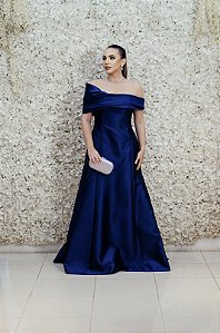 VESTIDO AZUL MARINHO ZIBELINE OMBRO UNICO COM DETALHE DRAPEADO