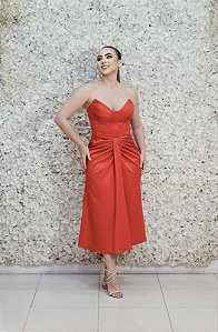 VESTIDO MIDI VERMELHO BUSTO BOJO DRAPEADO DETALHE LAÇO NA SAIA