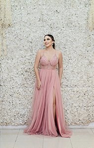 VESTIDO ROSA BEBÊ BUSTO BORDADO COM TIRAS NAS COSTAS ALCINHA FINA