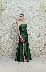 VESTIDO ZIBELINE VERDE BANDEIRA TOMARA QUE CAIA LAPELA SEREIA COM LAÇO NA CINTURA BUSTO