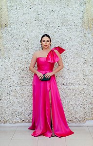 VESTIDO ZIBELINE PINK OMBRO ÚNICO COM LAÇO SAIA PRINCESA COM CORSELETE NAS COSTAS