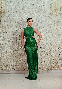 VESTIDO TODO EM PAETÊ VERDE BANDEIRA LIA RABELLO GOLA ALTA COSTA NUA