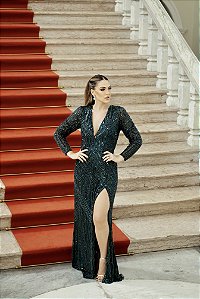 VESTIDO VERDE ESMERALDA NY SEREIA MANGA LONGA COM DECOTE NAS COSTAS