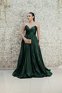 VESTIDO TOMARA QUE CAIA VERDE EM TAFETÁ DECOTE CORAÇÃO COM BUSTO TODO DRAPEADO