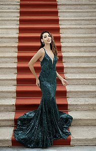 VESTIDO NY SEREIA TODO EM PAETE VERDE COSTA NUA