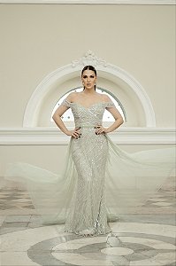 VESTIDO NY VERDE ÁGUA SEREIA OMBRO A OMBRO COM SAIA SOBREPOSTA