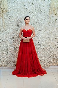 VESTIDO TERRACOTA  TOMARA QUE CAIA BUSTO ESTRUTURADO DRAPEADO TODO EM TULE E CINTO CHANEL