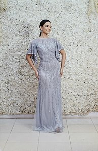 VESTIDO NY PRATA MANGA GOLA ALTA BORBOLETA