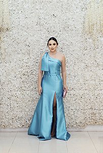 VESTIDO ZIBELINE SEREIA OMBRO ÚNICO COM LAÇO COM LAPELA TURQUESA