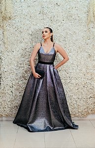 VESTIDO PRATA METALIZADO JACQUARD PRINCESA ALÇA FINA