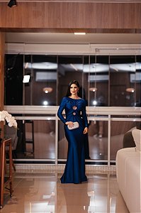 VESTIDO LYCRA AZUL ROYAL UNITY SEVEN MANGA LONGA COM ARGOLAS NO BUSTO E COSTA NUA