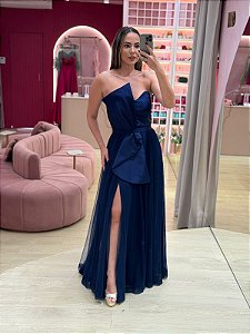 VESTIDO TOMARA QUE CAIA AZUL MARINHO SAIA EM TULE E BUSTO ZIBELINE ASSIMETRICO