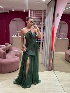 VESTIDO VERDE OLIVA TOMARA QUE CAIA SAIA EM TULE BUSTO ZIBELINE ASSIMETRICO