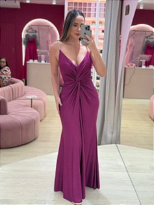 VESTIDO FUCSIA LYCRA ALÇA STRASS COM FENDA