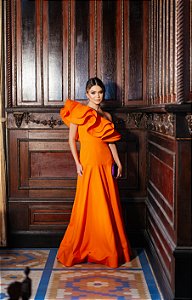 VESTIDO LARANJA OMBRO ÚNICO BABADO CINTURA BAIXA