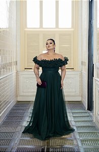 VESTIDO EM TULE VERDE OMBRO A OMBRO FRUFRU