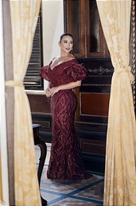 VESTIDO MARSALA SEREIA COM MANGA CRINOL