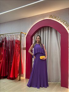 VESTIDO GOLA ALTA ROXO PLISSADO