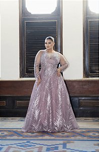 VESTIDO PRINCESA NY MANGA LONGA ROSA/ MAUVE COM BORDADO PRATA GOLA ALTA