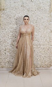 VESTIDO GLITTER DOURADO COSTA NUA COM DECOTE EM V DETALHES EM  VIDRILHOS