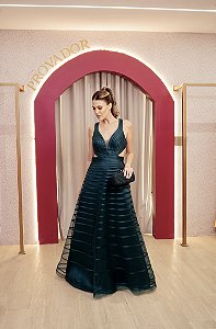 VESTIDO VERDE EM TULE REGATA FRENTE UNÍCA COM RECORTES TODO EM VIÉS