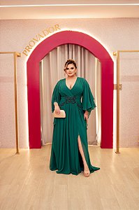 VESTIDO VERDE ESMERALDA SHIFFON DE SEDA COM CAPA E DETALHE BORDADO NA CINTURA EM CHUMBO COM TONS VERDES