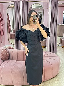 VESTIDO MIDI PRETO TAFETÁ MANGAS BUFANTES OMBRO A OMBRO