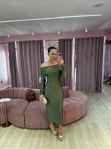 VESTIDO MIDI OMBRO A OMBRO MANGA LONGA VERDE OLIVA LYCRA