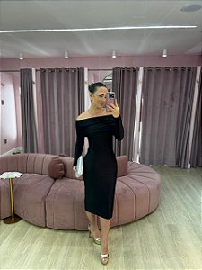 VESTIDO MIDI PRETO LYCRA OMBRO A OMBRO MANGAS COMPRIDAS