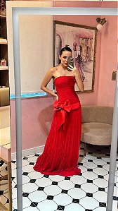 VESTIDO MUSSELINE TOQUE DE SEDA VERMELHO BUSTO DRAPEADO COM LAÇO ZIBELINE NO QUADRIL