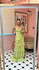 VESTIDO VERDE LIMA CETIM BUSTO TRIÂNGULO SAIA PLISSADA