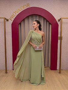 VESTIDO OMBRO UNICO FLUIDO VERDE CAPA E DETALHES BORDADOS