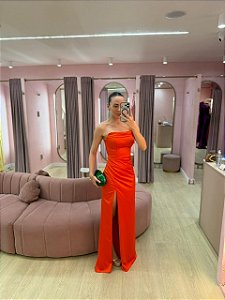 VESTIDO LARANJA CETIM DE SEDA TOMARA QUE CAIA SAIA LATERAL DRAPEADA