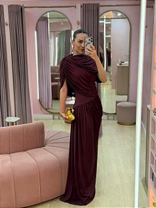 VESTIDO MARSALA BORGONHA EM JERSEY COM CAPA DRAPEADA