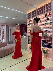 VESTIDO VERMELHO CORSET OMBRO A OMBRO COM DRAPE NA SAIA