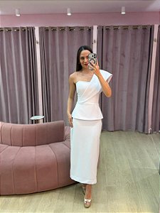 VESTIDO MIDI BRANCO OMBRO UNICO PEPLUM ALFAIATARIA