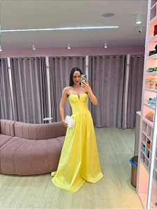 VESTIDO TOMARA QUE CAIA AMARELO EM TAFETA BUSTO ESTRUTURADO E DECOTE EM V