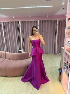 VESTIDO SEREIA TOMARA QUE CAIA FUCSIA PEPLUM EM ZIBELINE