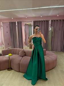 VESTIDO ZIBELINE VERDE BANDEIRA SAIA PRINCESA E BUSTO DETALHE DRAPEADO