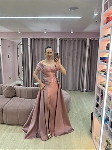 VESTIDO ROSA CHÁ OMBRO A OMBRO CINTURA DRAPEADA EM ZIBELINE