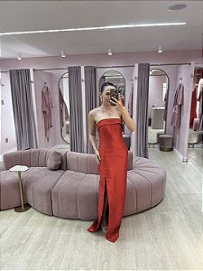 VESTIDO VERMELHO ZIBELINE TOMARA QUE CAIA BUSTO LAPELA CORTE RETO