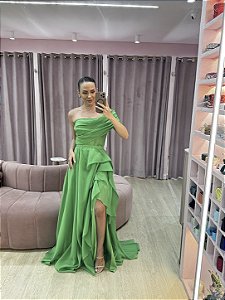 VESTIDO OMBRO UNICO VERDE ORGANZA SAIA PRINCESA
