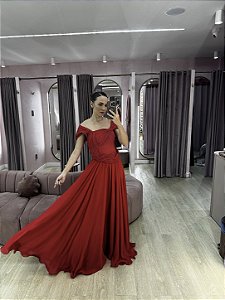 VESTIDO VERMELHO MUSSELINE TOQUE DE SEDA COM DETALHE DRAPEADO ESTRUTURADO