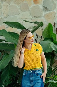 Blusa Cropped Crochê Amarela Feminina