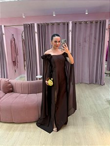 VESTIDO ZIBELINE MARROM COM CAPA REMOVIVEL EM MUSSELINE