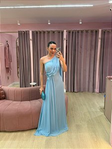 VESTIDO AZUL SERENITY/ BEBÊ MUSSELINE OMBRO UNICO COM DETALHE DE APLICAÇÃO