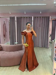 VESTIDO TERRACOTA ZIBELINE OMBRO A OMBRO CORSELET
