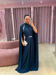 VESTIDO TUNICA AZUL PETRÓLEO MUSSELINE GOLA LATA CAPA OMBRO REMOVIVEL E CINTO