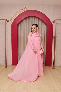 VESTIDO GOLA ALTA GLOR MUSSELINE ROSA CHICLETE FLUÍDO CAPA
