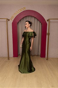 VESTIDO ZIBELINE VERDE MUSGO OLIVA DECOTE RETO LAÇOS NOS OMBROS